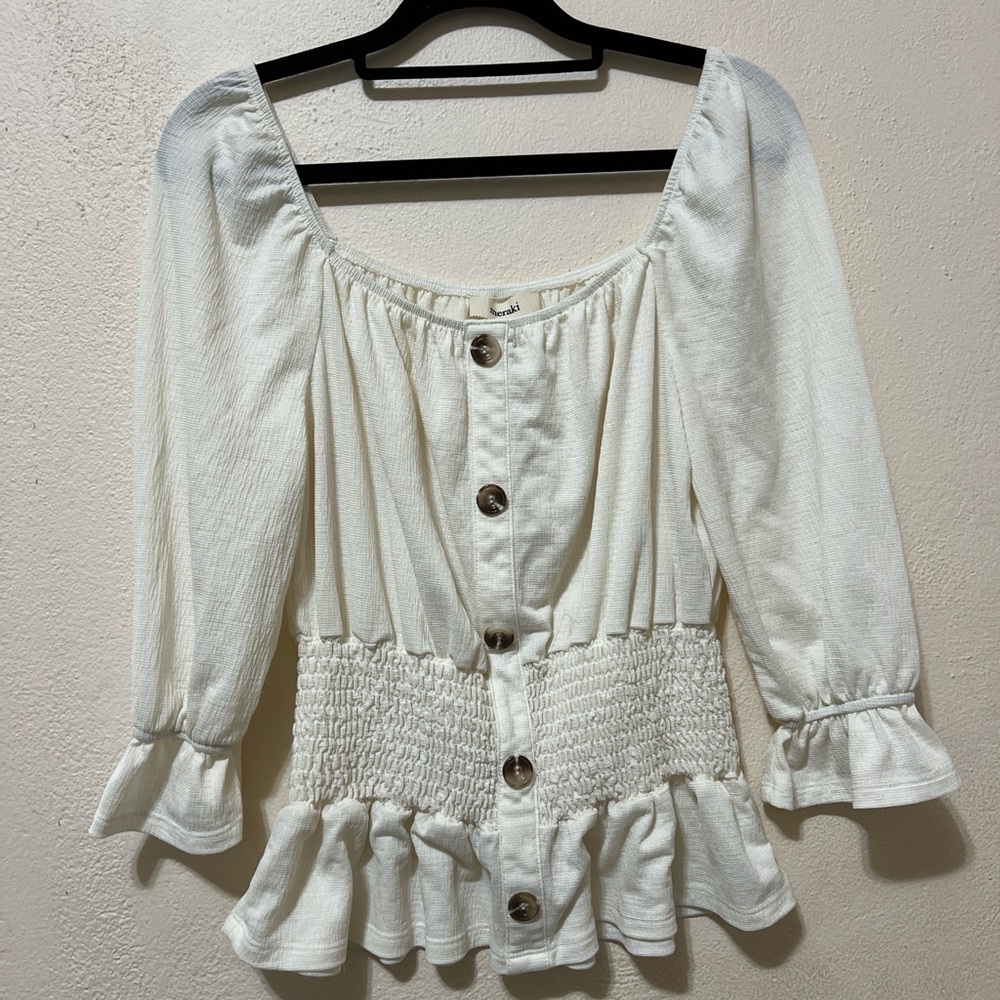 meraki Ivory Button-Front Smocked Peasant Top